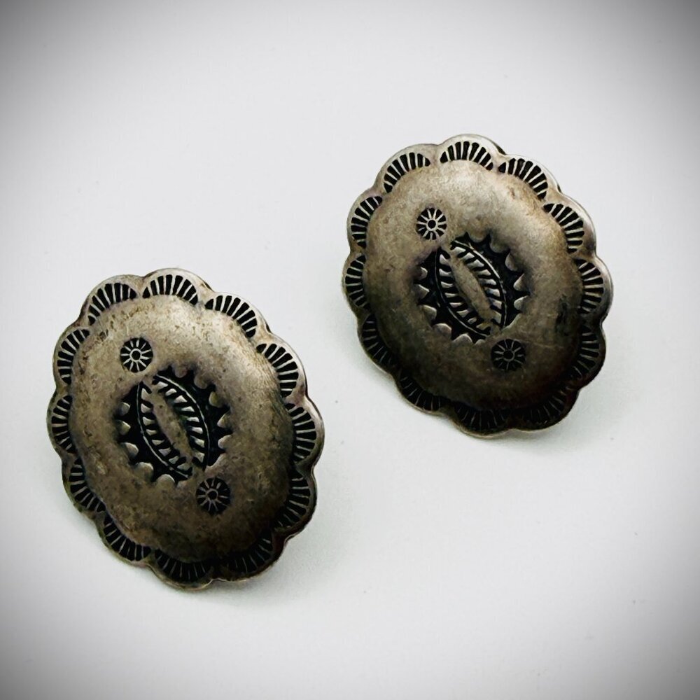 Vintage Sterling Concho Stud Earrings (Signed "F") – .75″, 2g